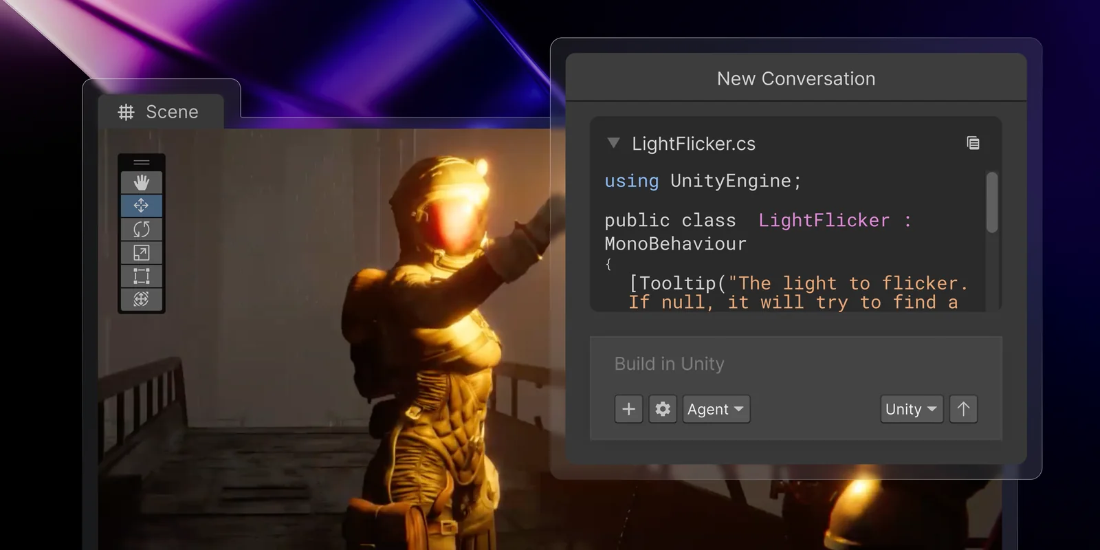 Unity's in-editor AI assistant panel, showing a C# script called LightFlicker.cs, open over the Unity Editor's Scene view with a lit astronaut character