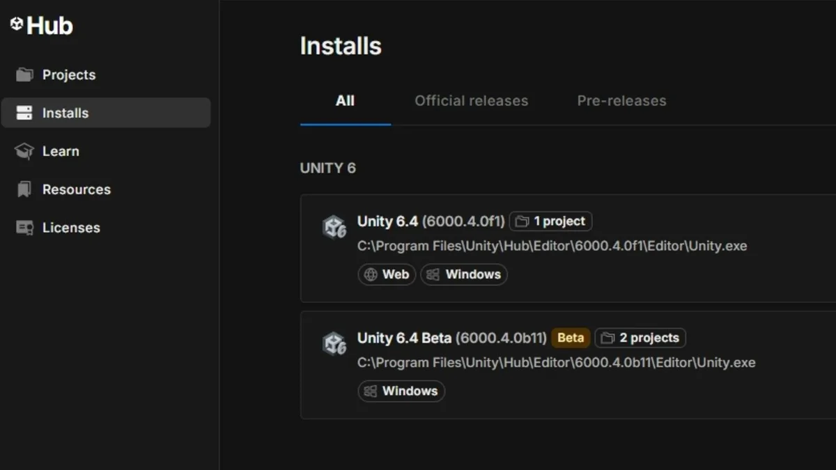 The Unity Hub Installs page listing Unity 6.4 (6000.4.0f1) and Unity 6.4 Beta under UNITY 6